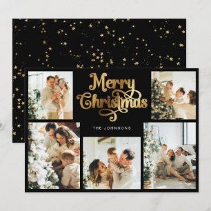 Retro Black Faux Gold Merry Christmas Family Photo Holiday Card