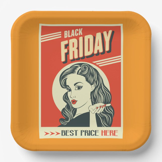 Retro Black Friday Pop Art Pin-Up Girl Paper Plate (Front)