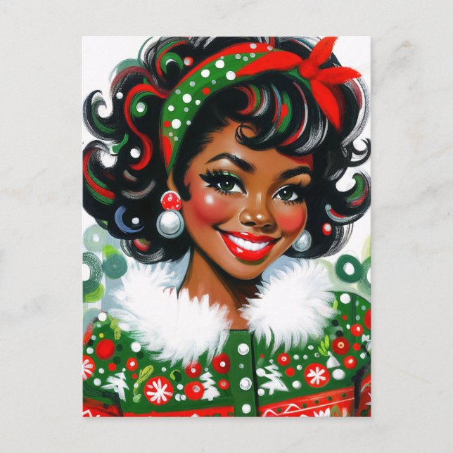 Retro Black Girl Christmas Cheer Postcard (Front)