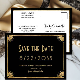 Retro Black Gold Art Deco Wedding Save the Date Postcard
