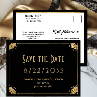Retro Black Gold Art Deco Wedding Save the Date Postcard
