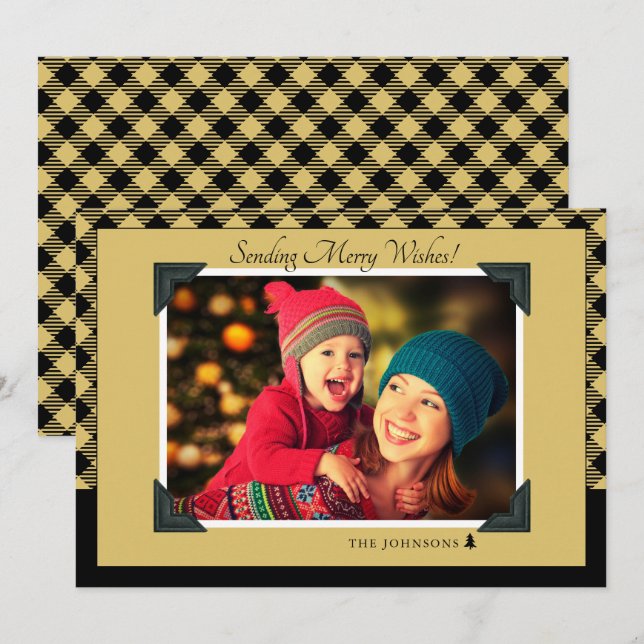 Retro Black & Gold Buffalo Check Christmas Photo Holiday Card (Front/Back)