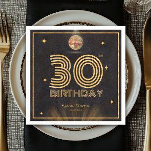 Retro Black Gold Disco Ball Party 30th Birthday Napkin