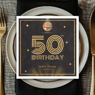Retro Black Gold Disco Ball Party 50th Birthday Napkin