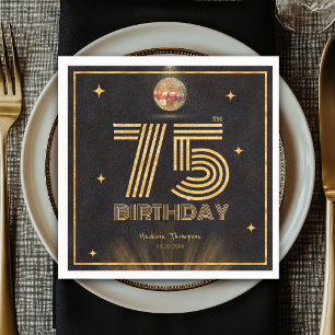 Retro Black Gold Disco Ball Party 75th Birthday Napkin