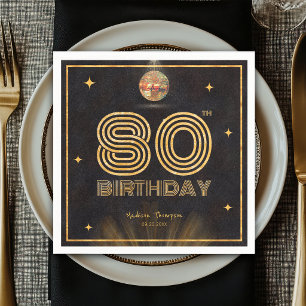 Retro Black Gold Disco Ball Party 80th Birthday Napkin