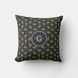 Retro black gold pineapple patterns monogram cushion