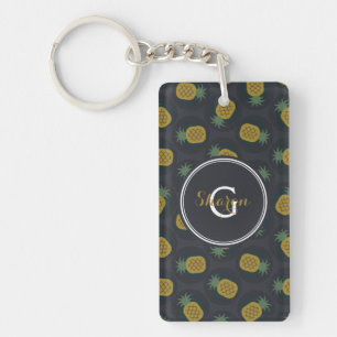 Retro black gold pineapple patterns monogram key ring