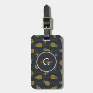 Retro black gold pineapple patterns monogram luggage tag