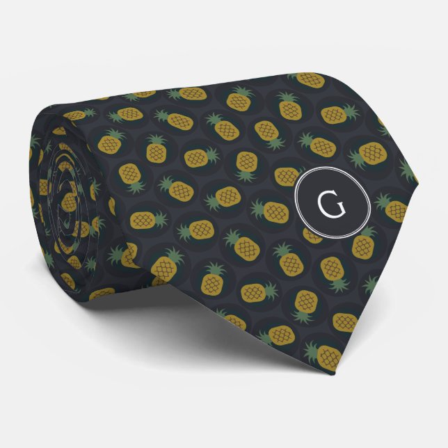 Retro black gold pineapple patterns monogram tie (Rolled)