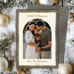 Retro Black Gold Plaid Arch Photo Merry Christmas Holiday Card