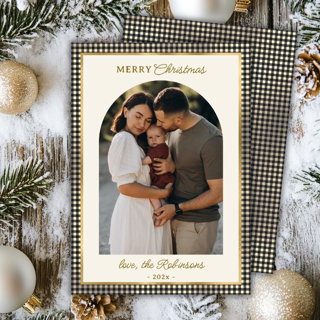 Retro Black Gold Plaid Arch Photo Merry Christmas Holiday Card (Creator Uploaded)