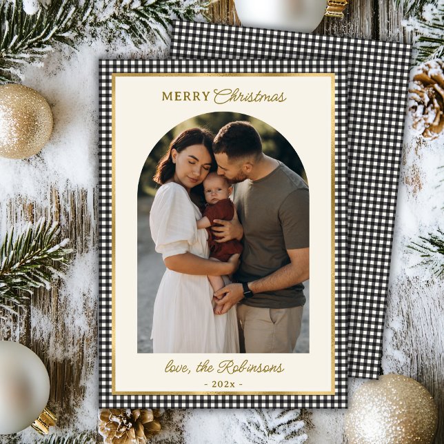 Retro Black Gold Plaid Arch Photo Merry Christmas Holiday Card (Creator Uploaded)