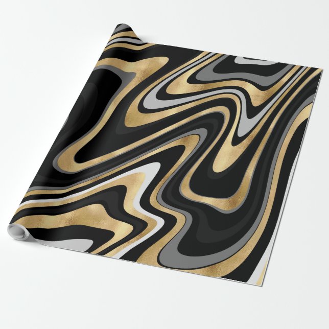Retro Black Gold Wavy Lines Modern Design Wrapping Paper (Unrolled)