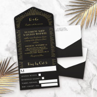 Retro Black Golden Sunbursts Monogram Wedding
