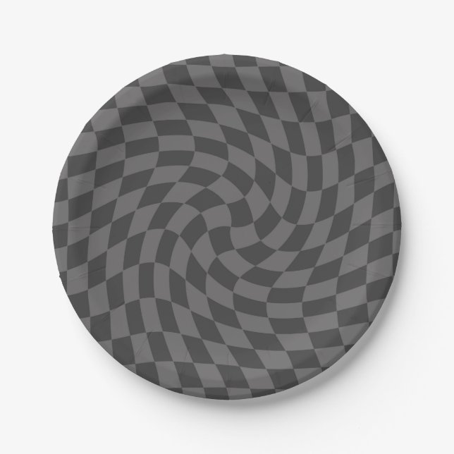 Retro Black Grey Checks Warped Chequerboard  Paper Plate (Front)