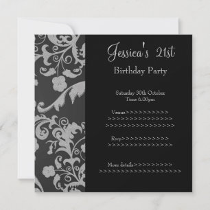 Retro Black Grey Metallic Floral 21st Birthday 3 Invitation