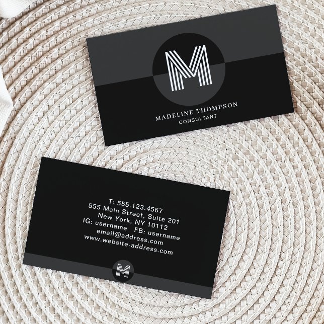 Retro Black Grey White Geometric Modern Monogram Business Card (Creator Uploaded)