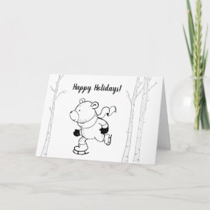 Retro black ink skating bear birch trees holiday card