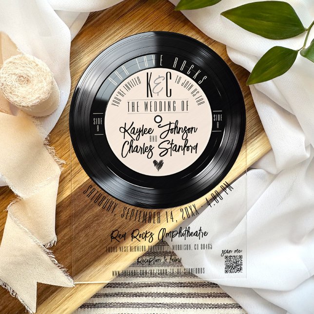 Retro Black Ivory Vinyl Record Music Arch Wedding Acrylic Invitations (Unique retro black and white vinyl record monogram music theme arch acrylic wedding invitation QR)