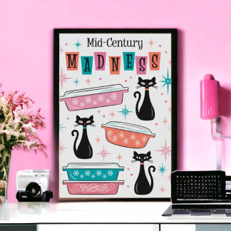 Retro Black Kitty Cats Pyrex Mid-Century Madness Poster