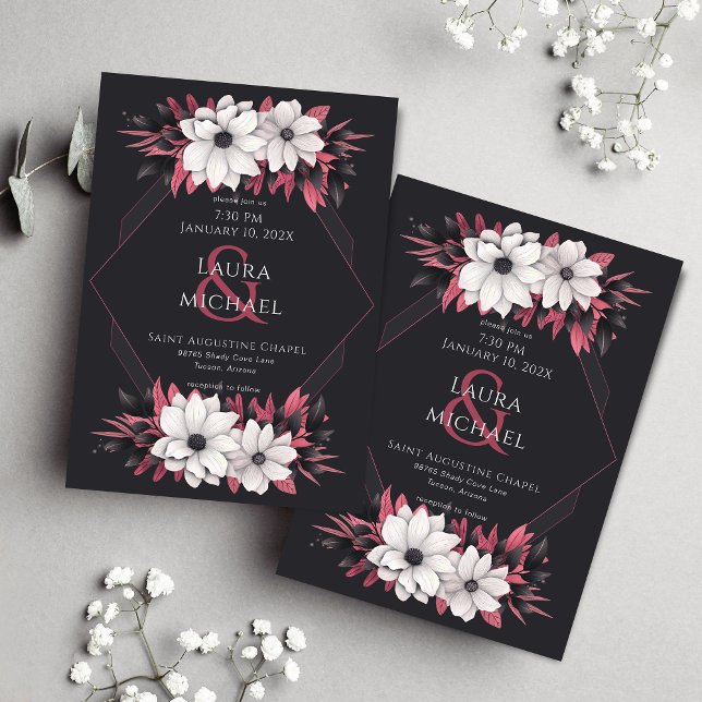 Retro Black Magenta Flowers Invitation (Creator Uploaded)