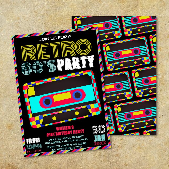 Retro Black Neon Cassette Tape 80s Birthday Party Invitation (Creator Uploaded)