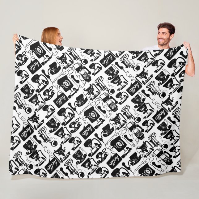 Retro Black or any colour & White Telephone Patter Fleece Blanket (In Situ)
