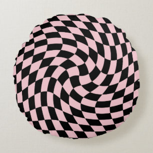 Retro Black Pink Checks Warped Checkered Dorm   Round Cushion