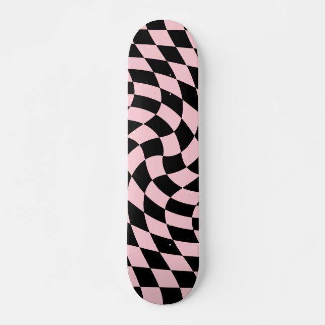 Retro Black Pink Checks Warped Chequered  Skateboard (Front)