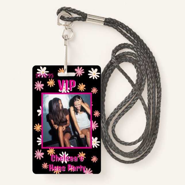 Retro Black & Pink Daisy Hen Party VIP Pass ID Badge (Front with Lanyard)