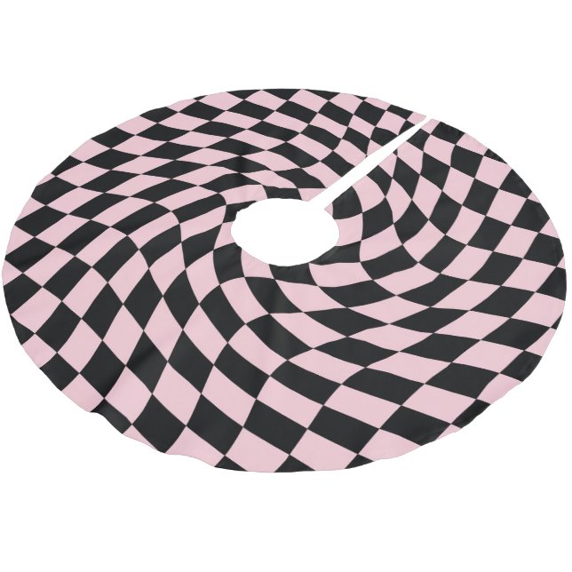 Retro Black Pink Warped Checks Chequered Dorm    Brushed Polyester Tree Skirt (Angled)