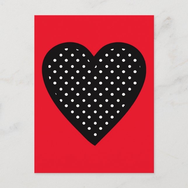 Retro Black Polka Dot Heart on Red Background Postcard (Front)