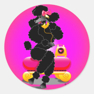 Retro Black Poodle on Phone Classic Round Sticker