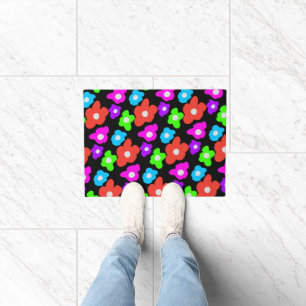 Retro Black Rainbow Colourful Flowers Pattern Doormat