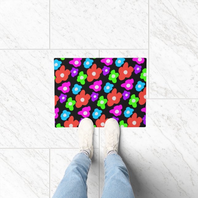 Retro Black Rainbow Colourful Flowers Pattern Doormat (Indoor)