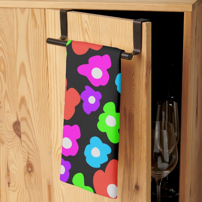 Retro Black Rainbow Colourful Flowers Pattern Tea Towel (Thirds Fold)