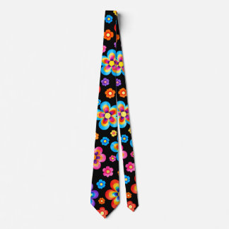 Retro Black Rainbow Flowers Pattern Neck Tie