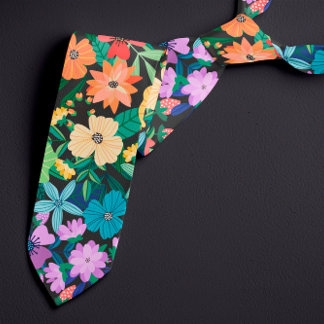 Retro Black Rainbow Flowers Pattern Tie