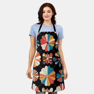 Retro Black Rainbow geometric Flowers Pattern  Apron