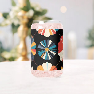 Retro Black Rainbow geometric Flowers Pattern  Can Glass