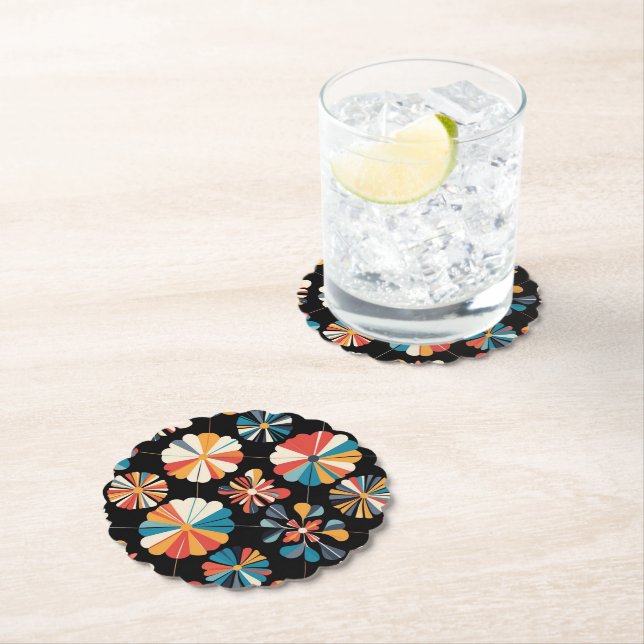 Retro Black Rainbow geometric Flowers Pattern  Paper Coaster (Insitu)