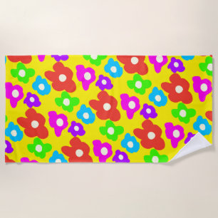 Retro Black Rainbow pride colour Flowers Pattern Beach Towel