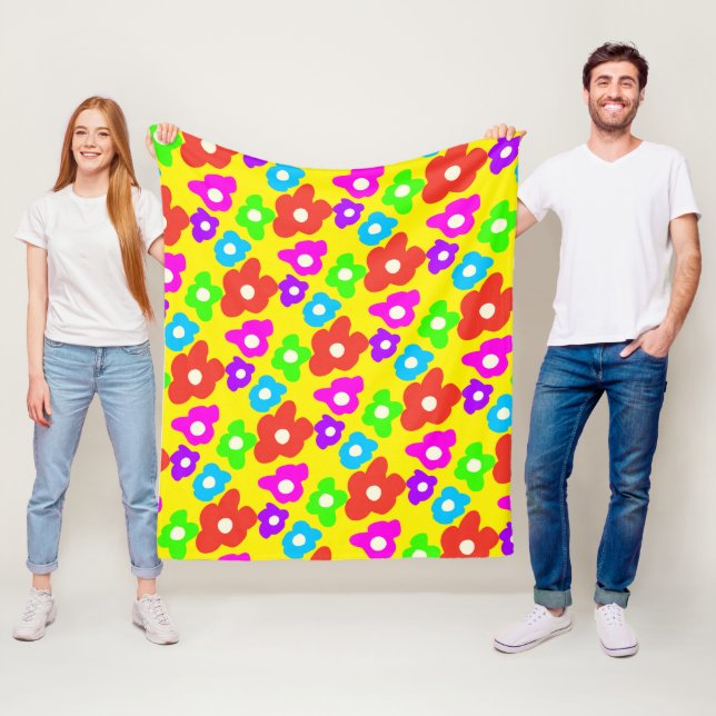 Retro Black Rainbow pride colour Flowers Pattern Fleece Blanket (In Situ)