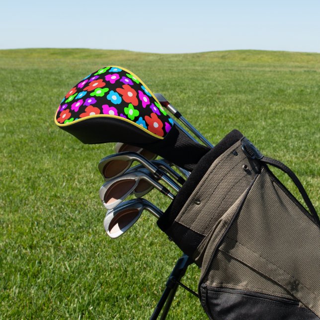 Retro Black Rainbow pride colour Flowers Pattern Golf Head Cover (In Situ)