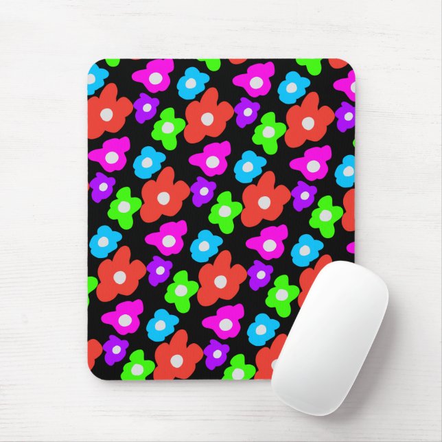 Retro Black Rainbow pride colour Flowers Pattern Mouse Mat (With Mouse)