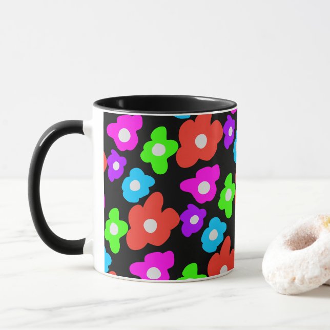 Retro Black Rainbow pride colour Flowers Pattern Mug (With Donut)