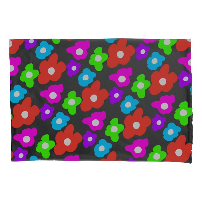Retro Black Rainbow pride colour Flowers Pattern Pillowcase (Front)