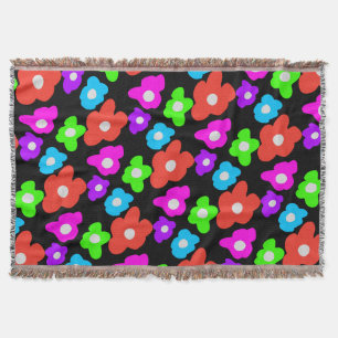 Retro Black Rainbow pride colour Flowers Pattern Throw Blanket