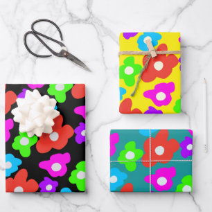 Retro Black Rainbow pride colour Flowers Pattern Wrapping Paper Sheet